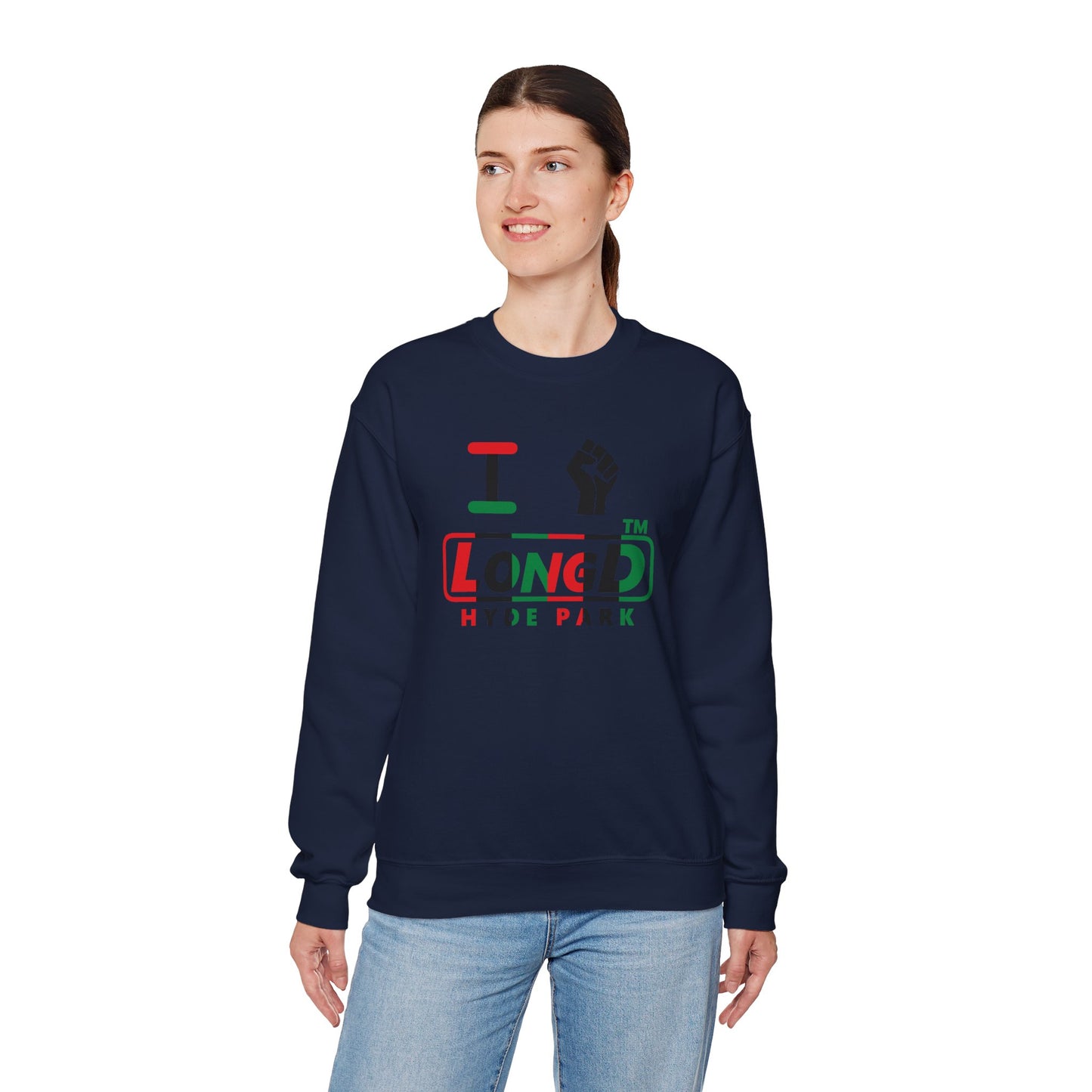 I fist LongD positive vertical 6-striped Hyde Park logo crewneck sweatshirt