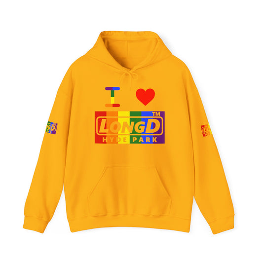 I Luv LongD® negative vertical striped 4-print Hyde Park logo hoodie (Pride colors)