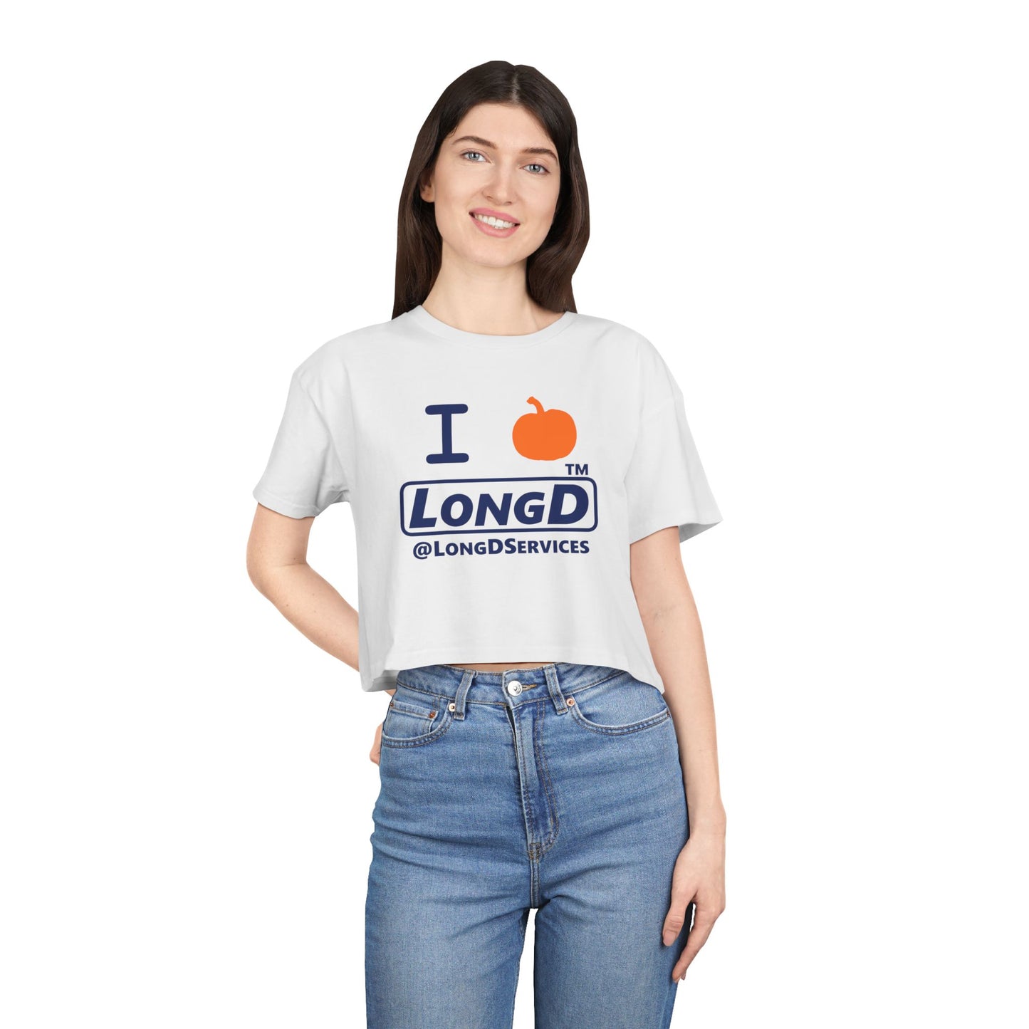 I pumpkin LongD Tag positive basic Navy (002060) front-back logo crop tee