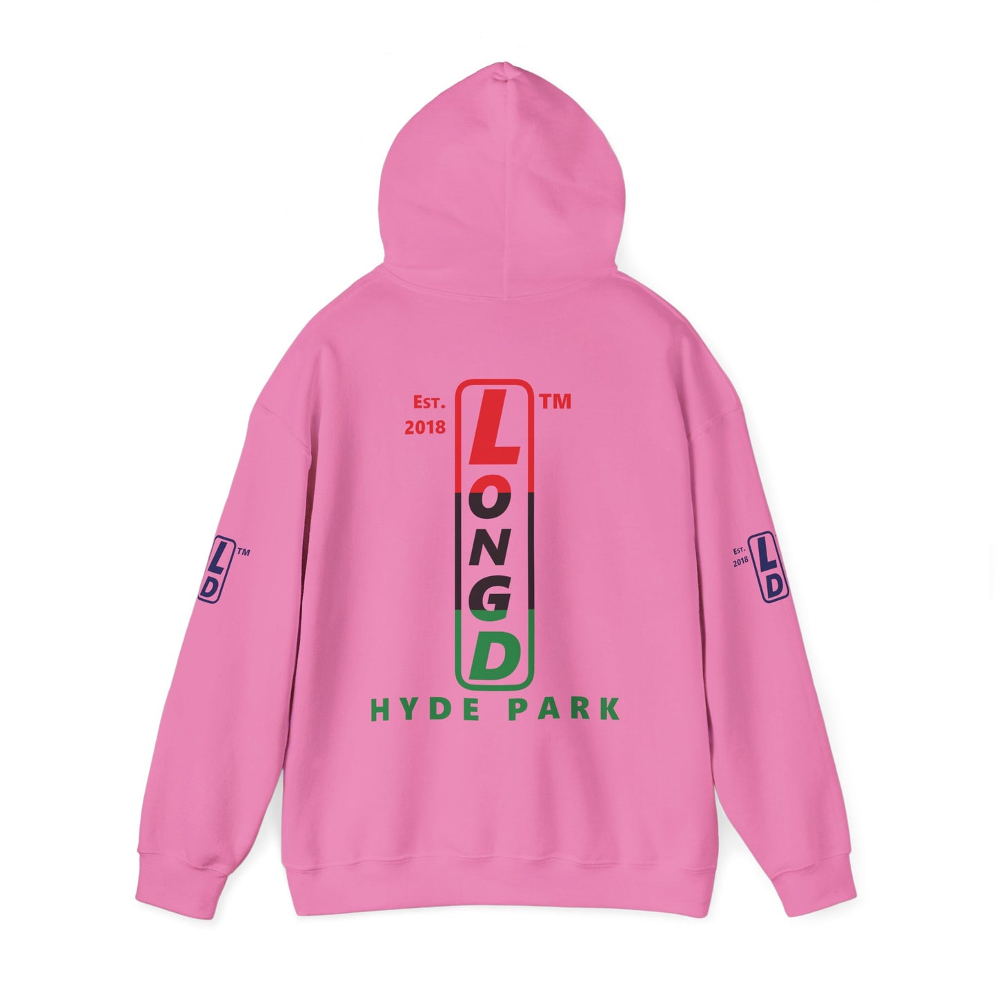 LongD® positive horizontal 3-striped Hyde Park 4-print upright logo hoodie (Juneteenth colors)