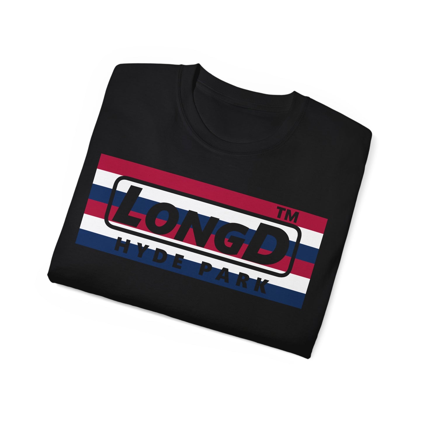 LongD negative horizontal 6-striped Hyde Park logo cotton tee (patriotic colors)