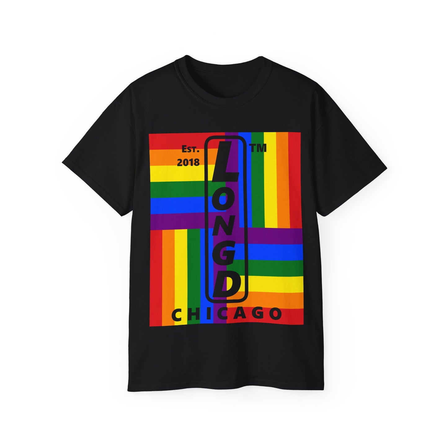 LongD Cotton Tee negative windmill Chicago upright logo (Pride colors)