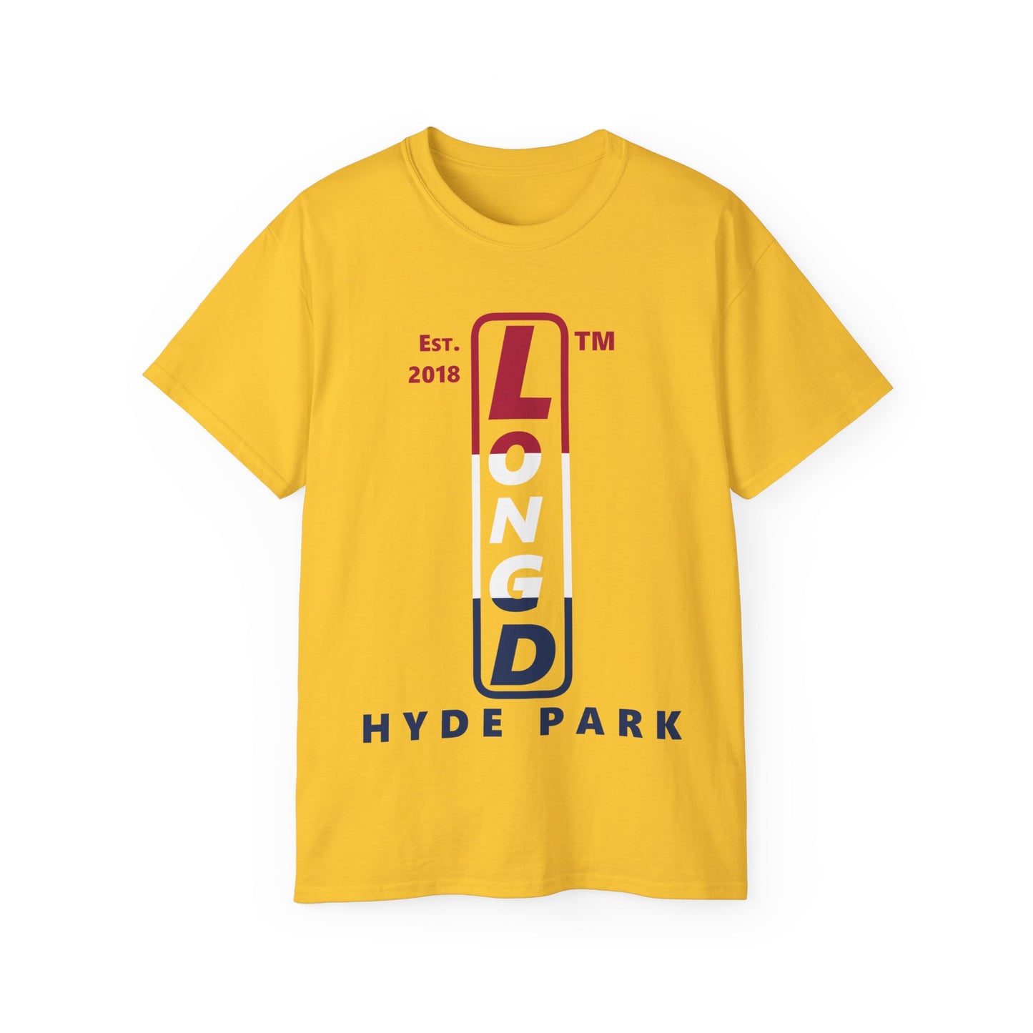 LongD cotton tee positive horizontal 3-striped Hyde Park upright logo (Patriotic colors)