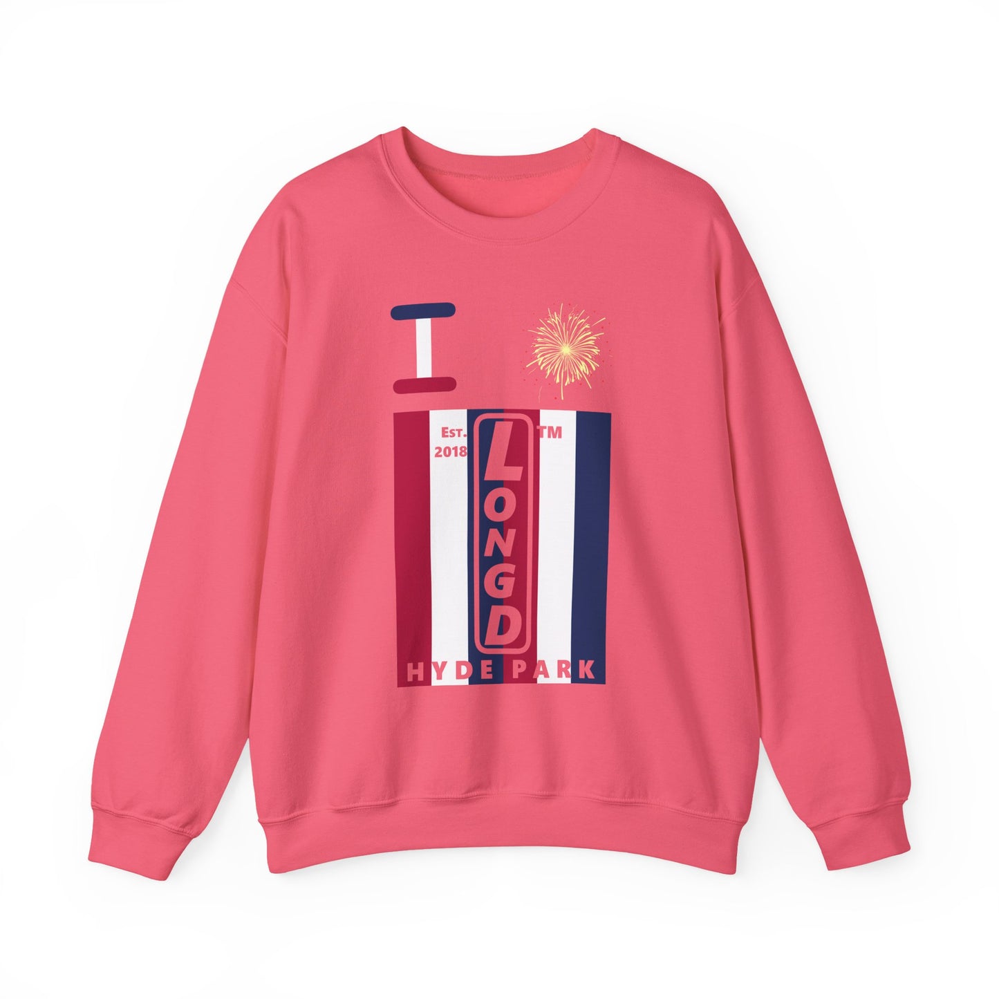 I Burst LongD negative vertical 6-striped Hyde Park upright logo crewneck sweatshirt