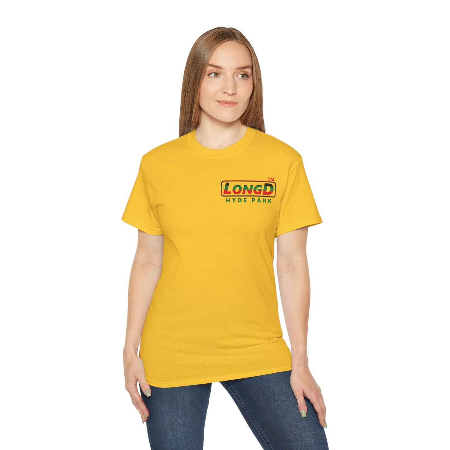 LongD positive horizontal 6-striped Hyde Park logo single-breasted front-back cotton tee (Juneteenth colors)
