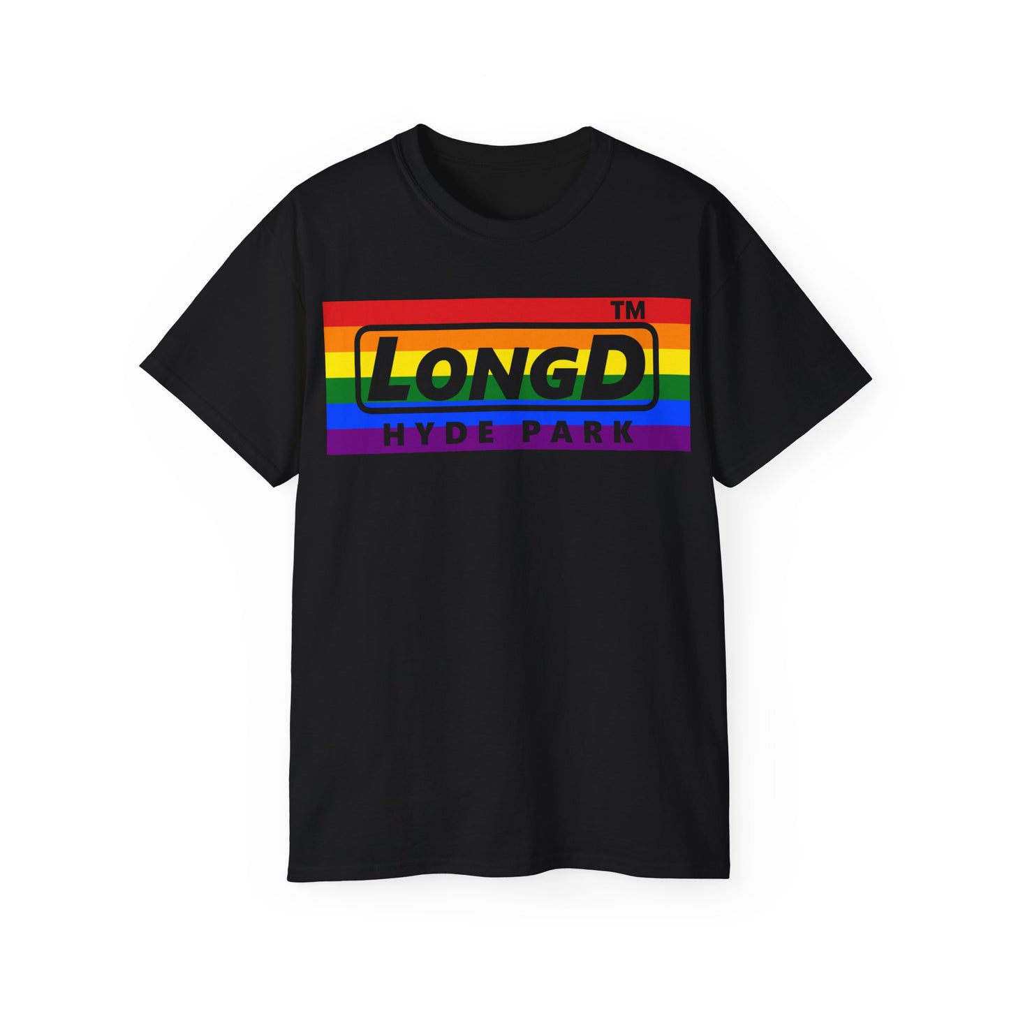 LongD negative horizontal striped Hyde Park logo cotton tee (Pride colors)