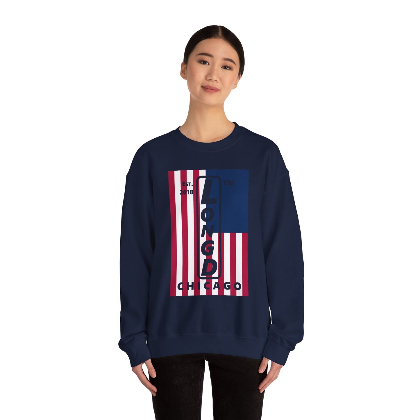 LongD negative cropped flag Chicago logo crewneck sweatshirt (patriotic colors)