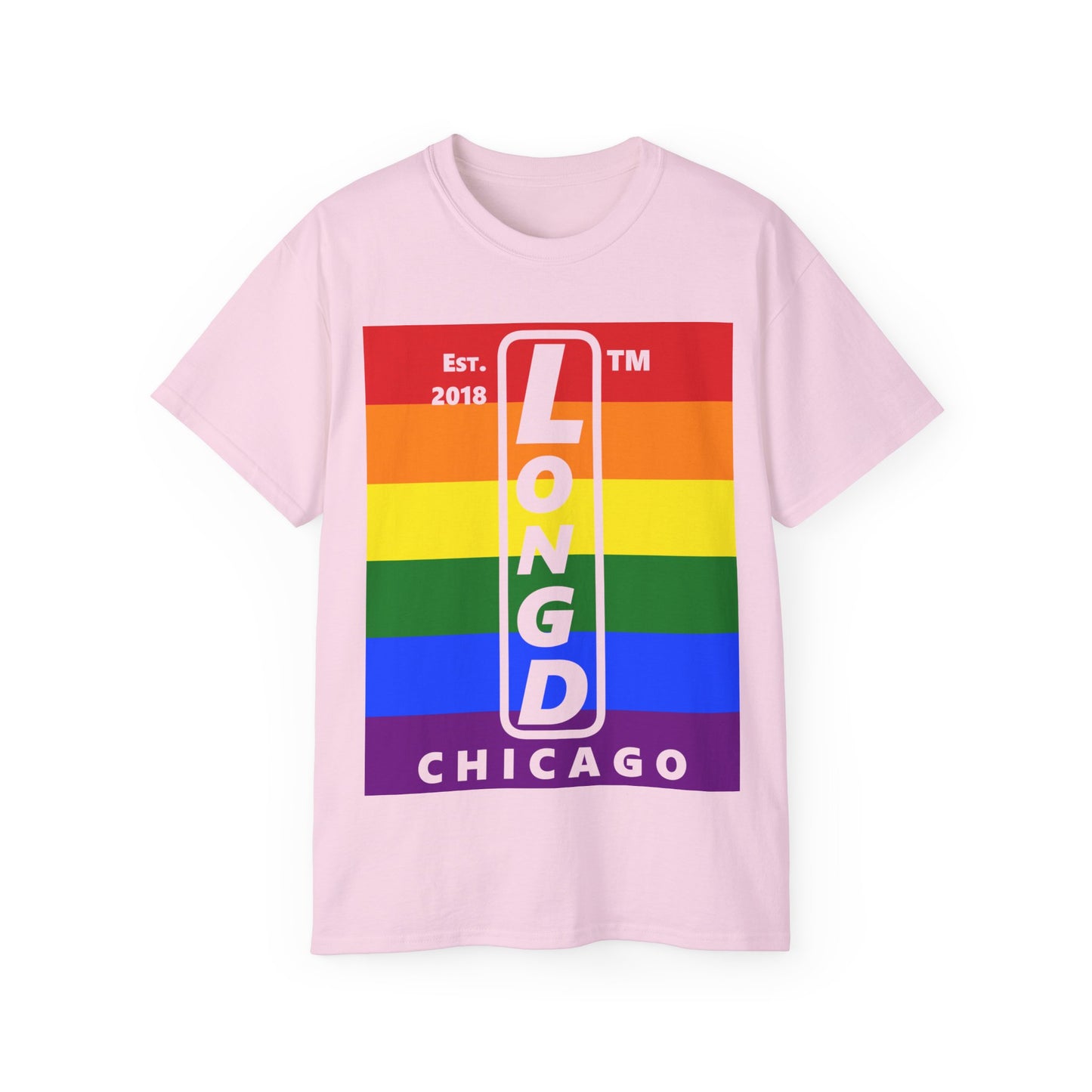 LongD Cotton Tee negative horizontal striped Chicago upright logo (Pride colors)