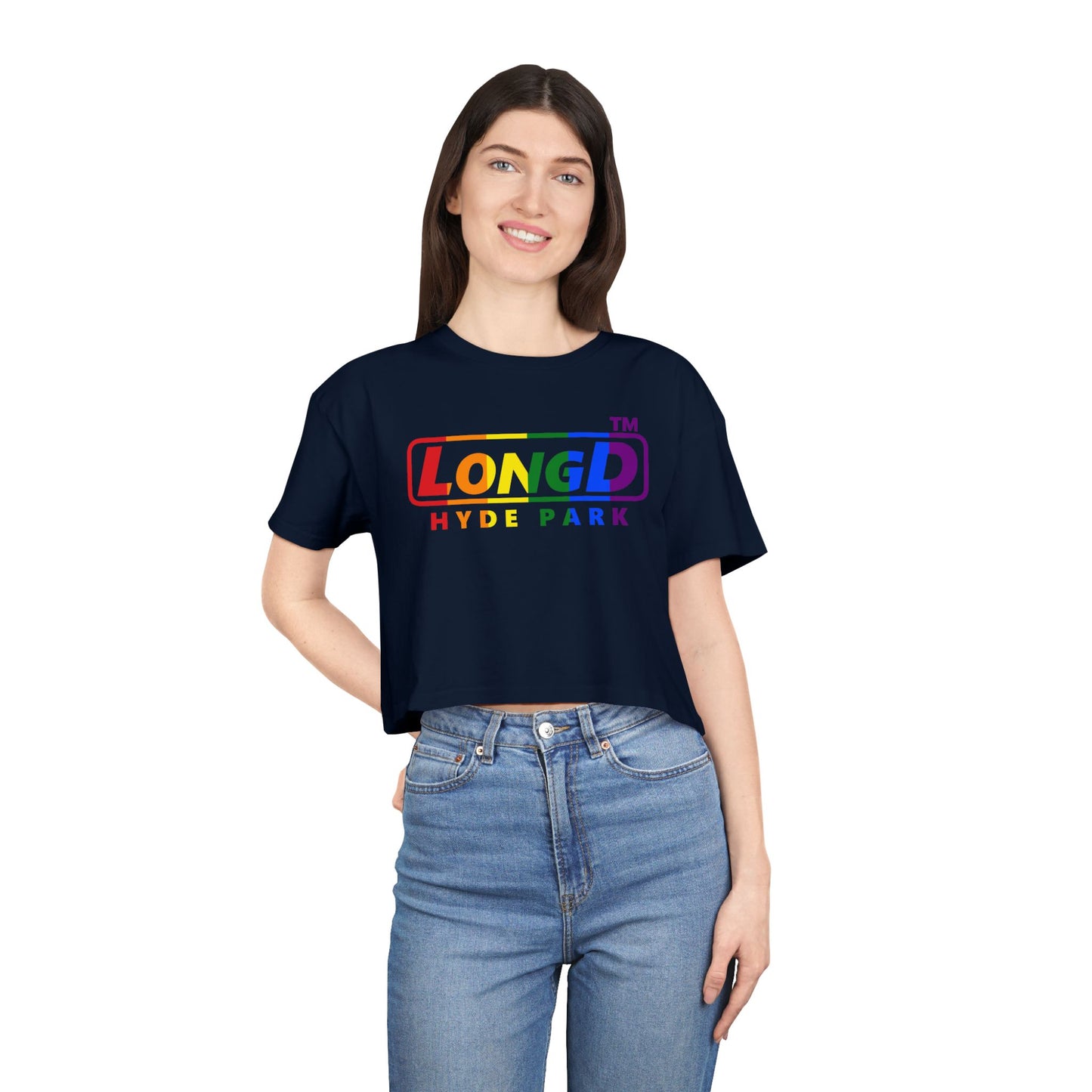 LongD positive vertical 6-striped Hyde Park logo crop tee (Pride colors)
