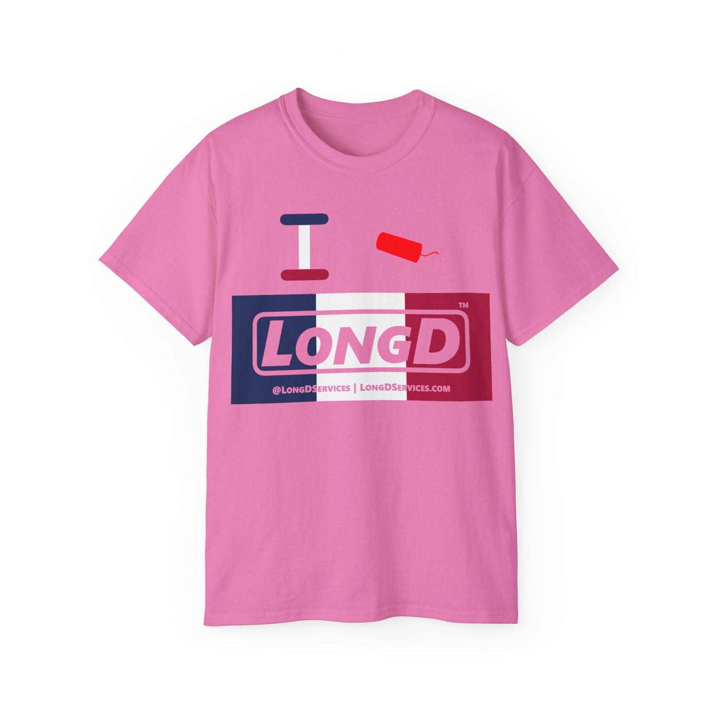 I Firecracker LongD® Logo Cotton Tee Blue, White and Red negative thirds text