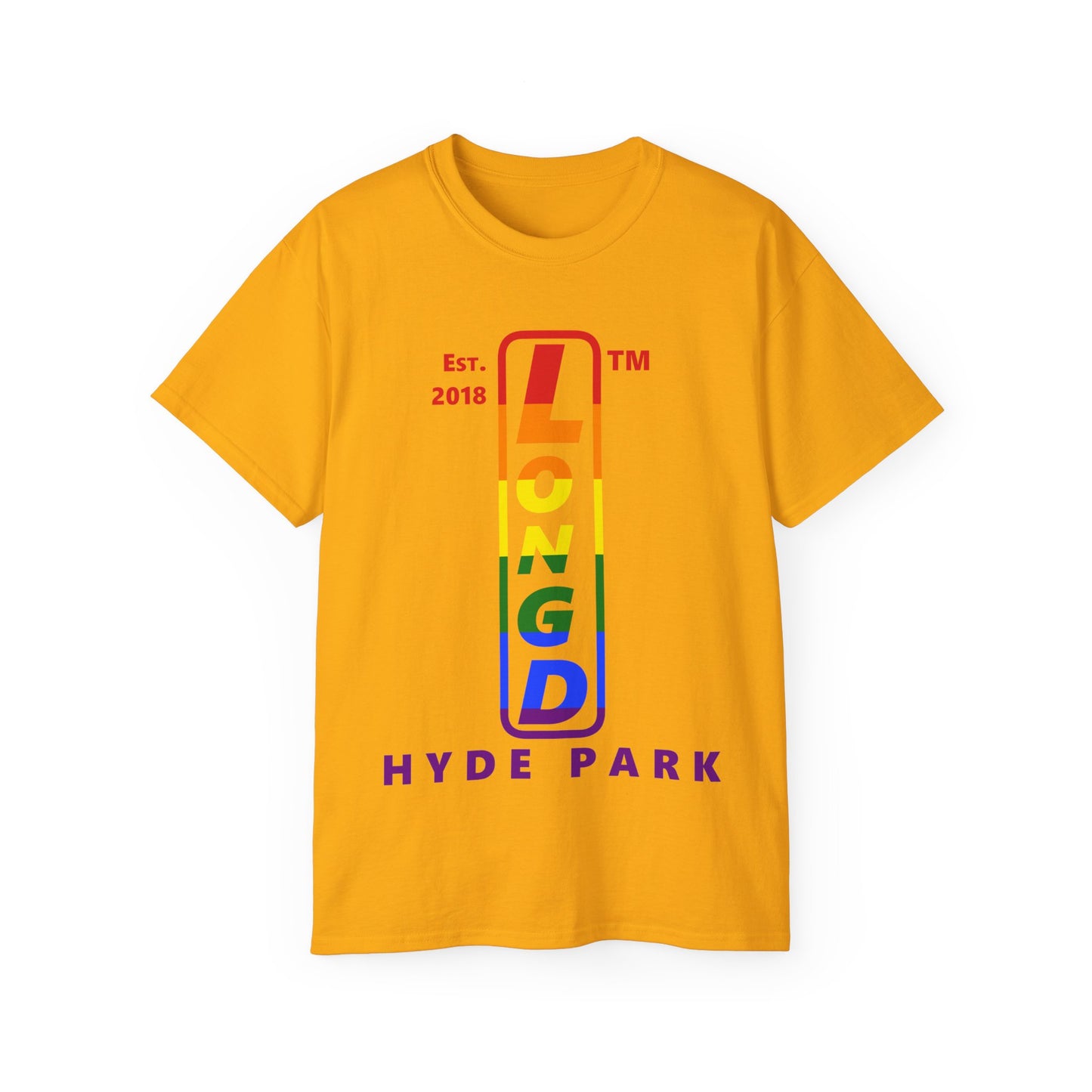 LongD Cotton Tee positive horizontal striped Hyde Park upright logo (Pride colors)