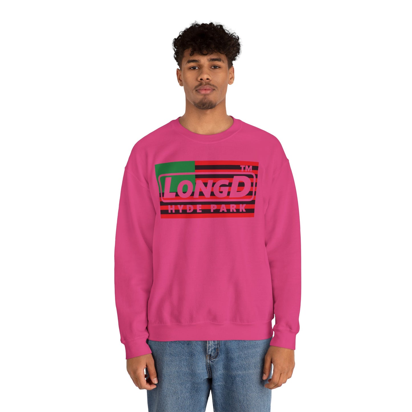 LongD negative flag front-back Hyde Park logo crewneck sweatshirt (Juneteenth colors)
