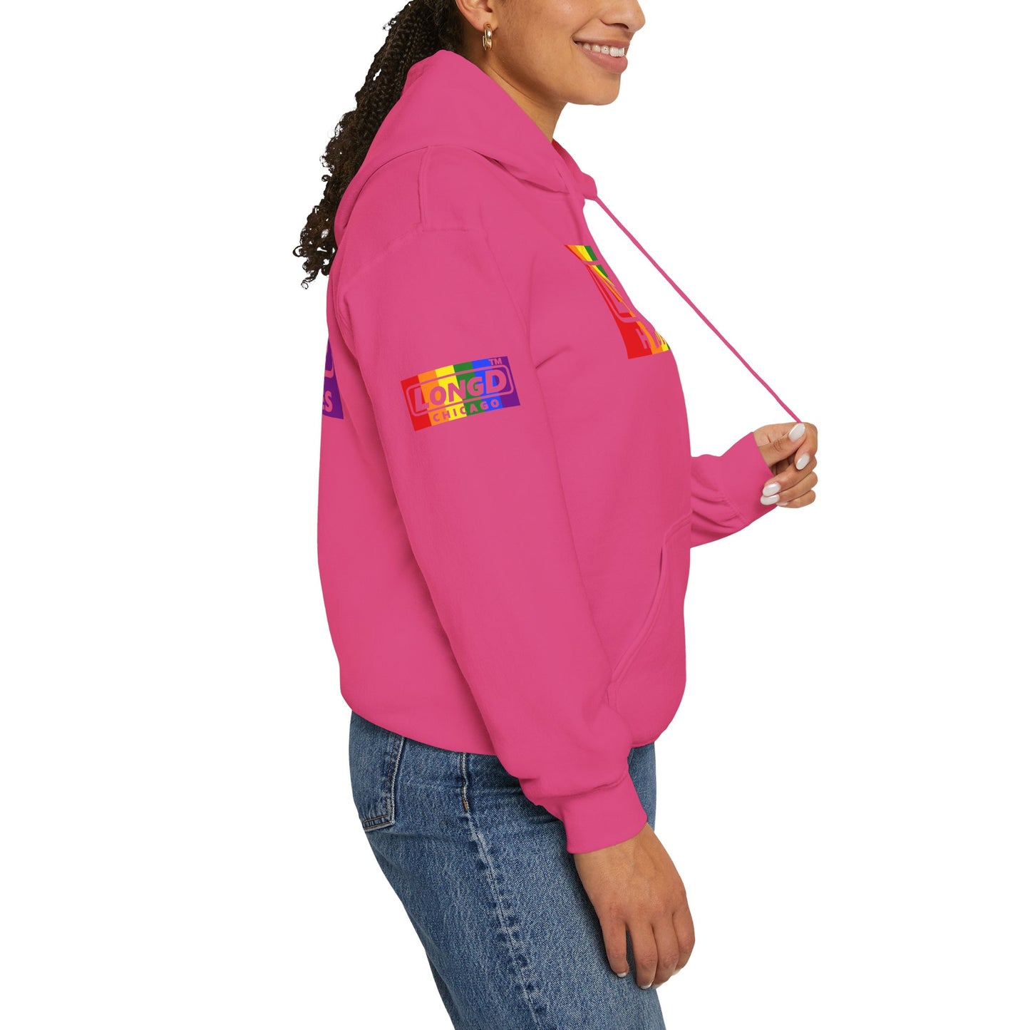 LongD® negative vertical striped 4-print Hyde Park logo hoodie (Pride colors)