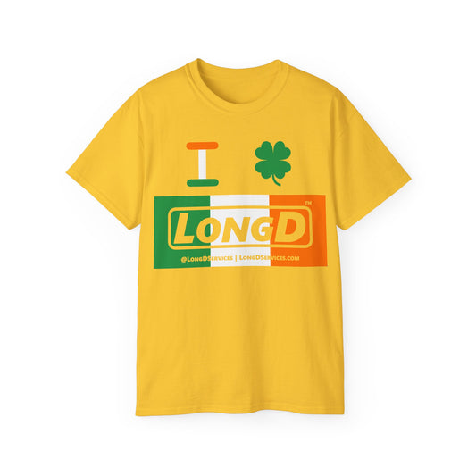 I Clover LongD® Logo Cotton Tee (St. Patrick's Day -Irish Green, White and Irish Orange negative thirds with 4-leaf clover)