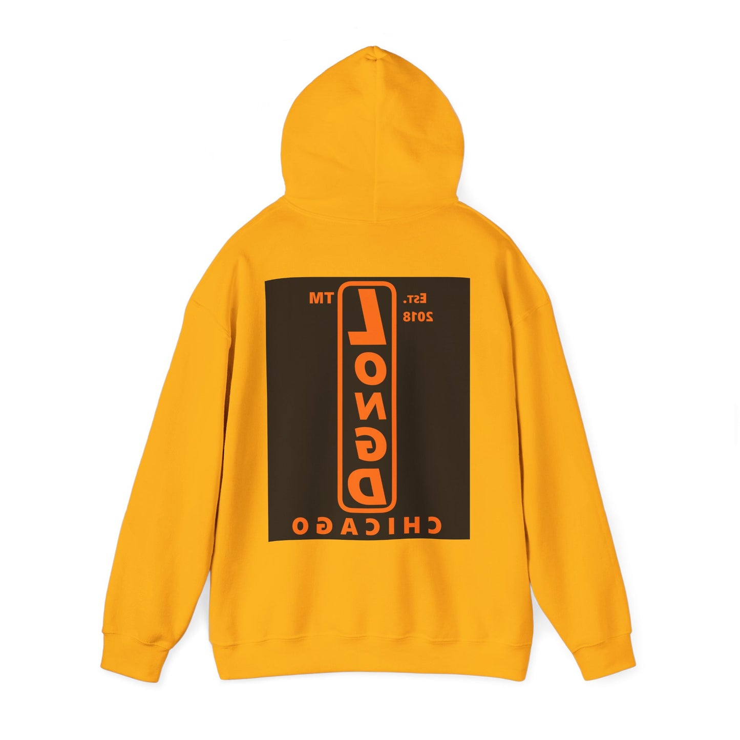 LongD Chicago upright front-back logo orange (FE7518) on Black (000000) hoodie