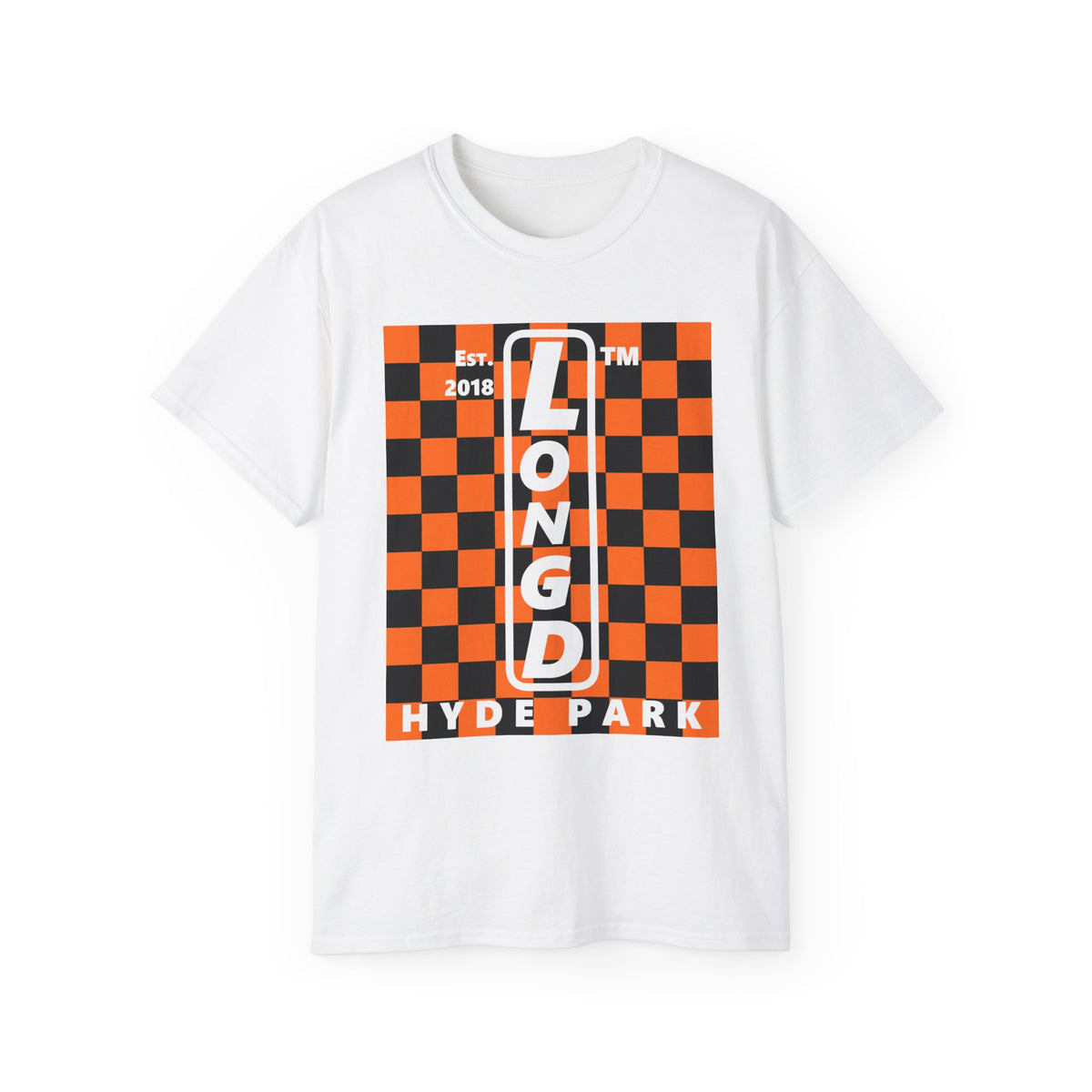LongD Hyde Park negative upright checkered logo (Halloween colors) cotton tee