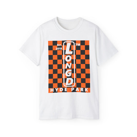 LongD Hyde Park negative upright checkered logo (Halloween colors) cotton tee