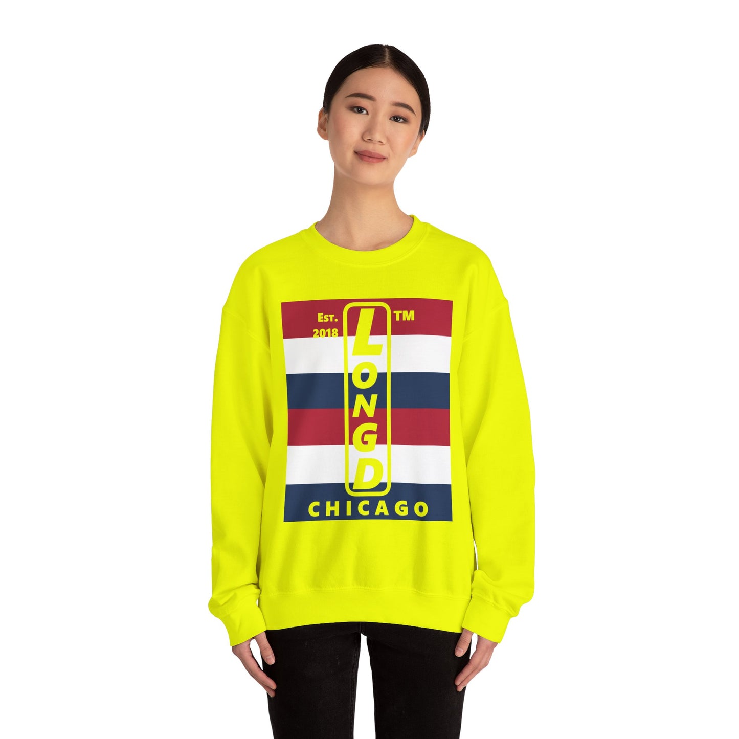 LongD negative horizontal 6-striped Chicago logo crewneck sweatshirt (patriotic colors)