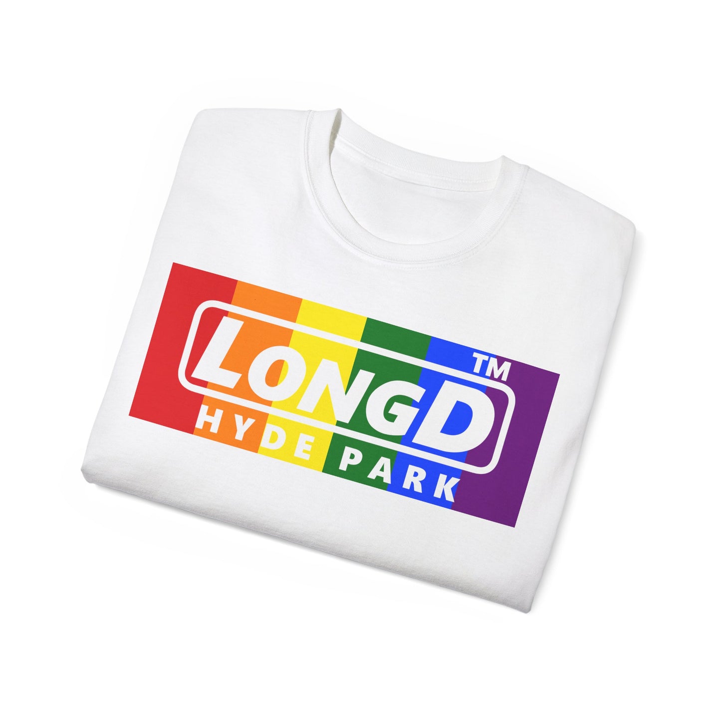 LongD negative vertical striped Hyde Park logo cotton tee (Pride colors)