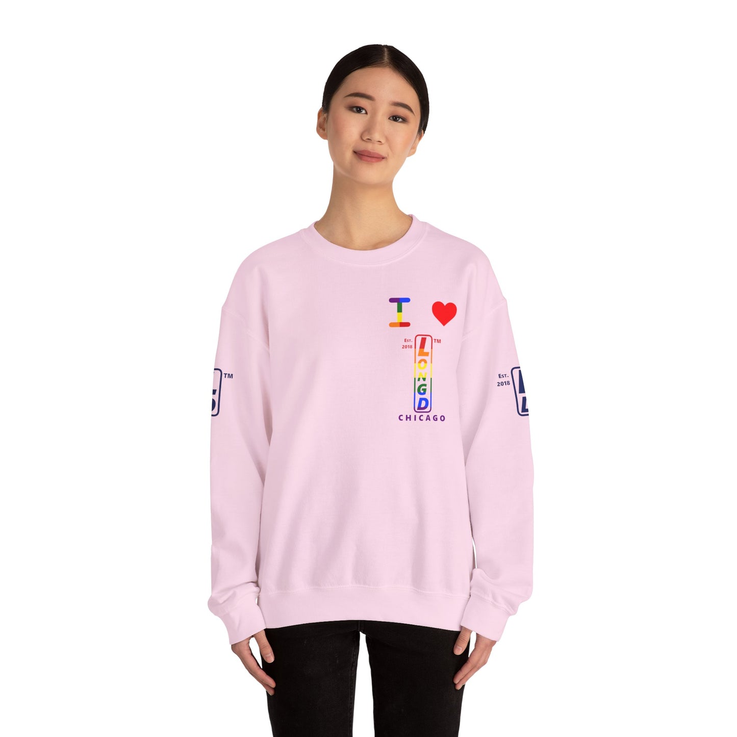 I Luv LongD positive horizontal 6-striped Chicago upright 4-print single-breasted logo crewneck sweatshirt (Pride colors)
