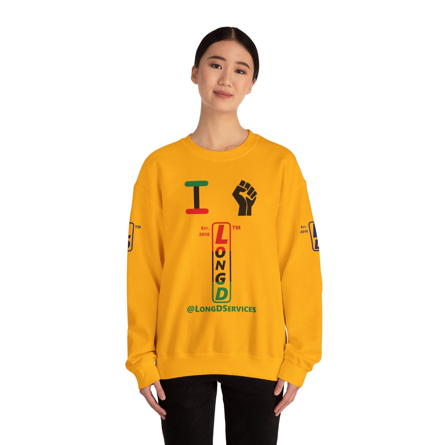 I Fist LongD positive horizontal 3-striped tag upright 4-print logo crewneck sweatshirt