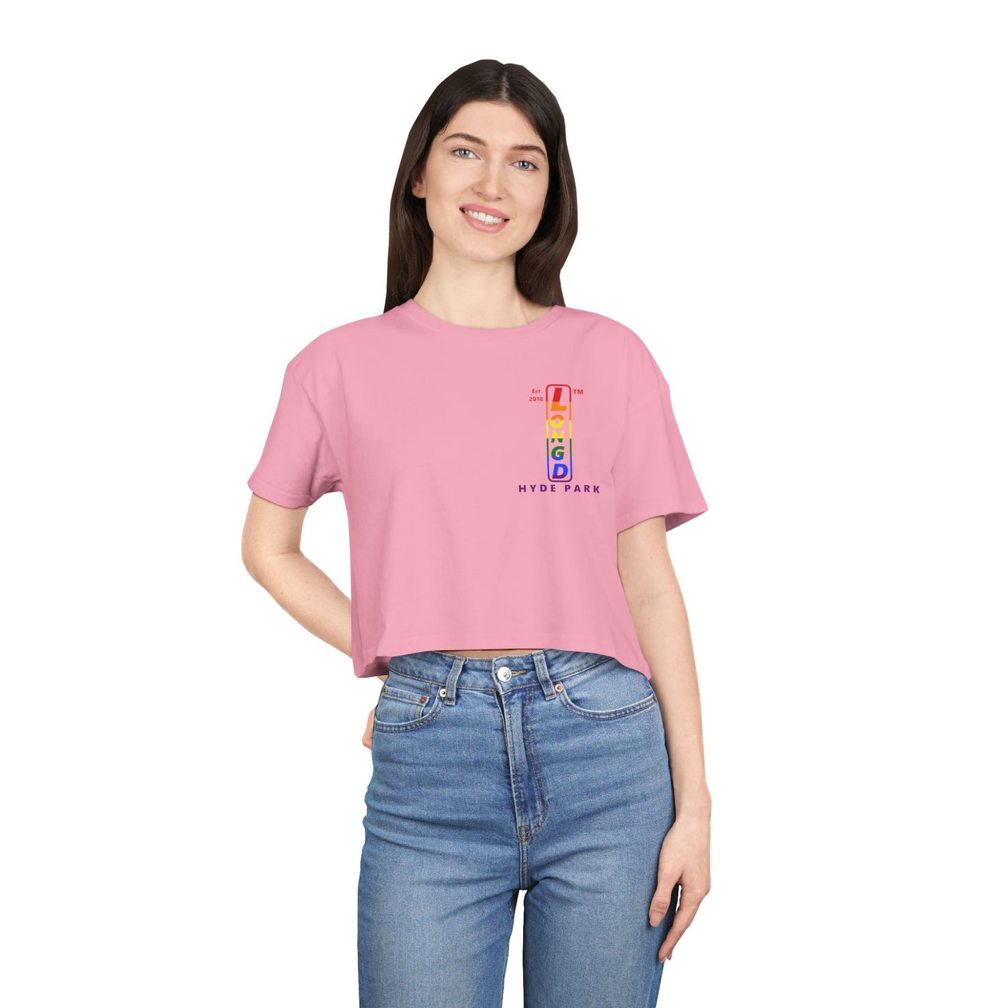 Positive horizontal 6-striped upright single-breasted Hyde Park logo crop tee (Pride colors)