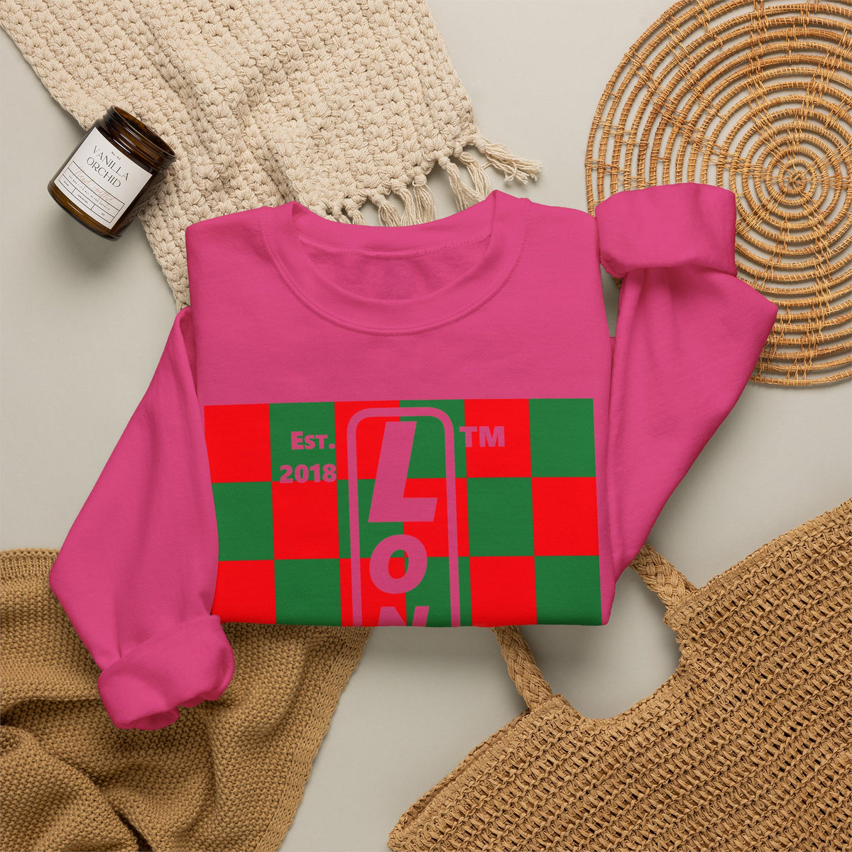 LongD Hyde Park negative upright checkered front-back logo (Xmas colors) crewneck sweatshirt