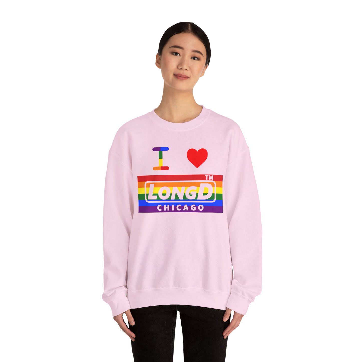 I Luv LongD negative horizontal striped Chicago logo crewneck sweatshirt (Pride colors)