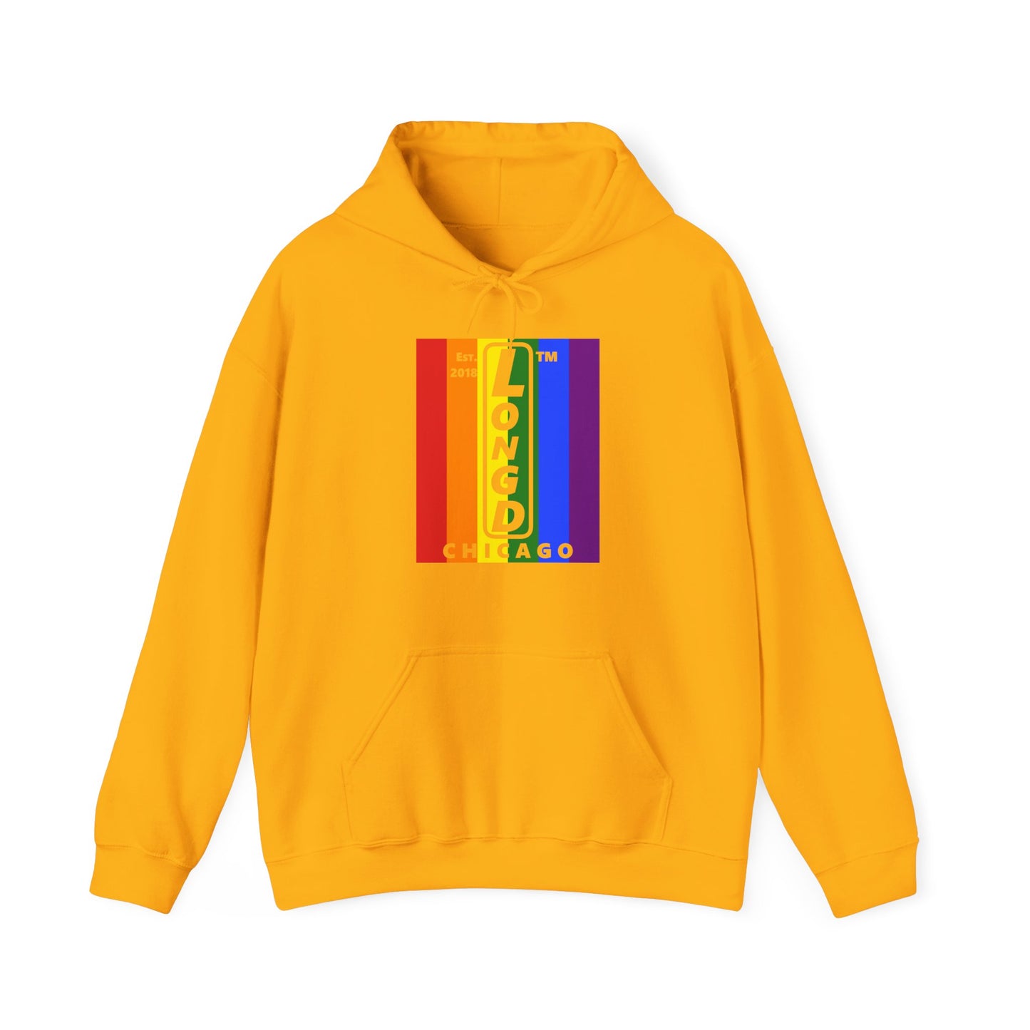 LongD® negative vertical 6-striped upright Chicago logo hoodie (Pride colors)