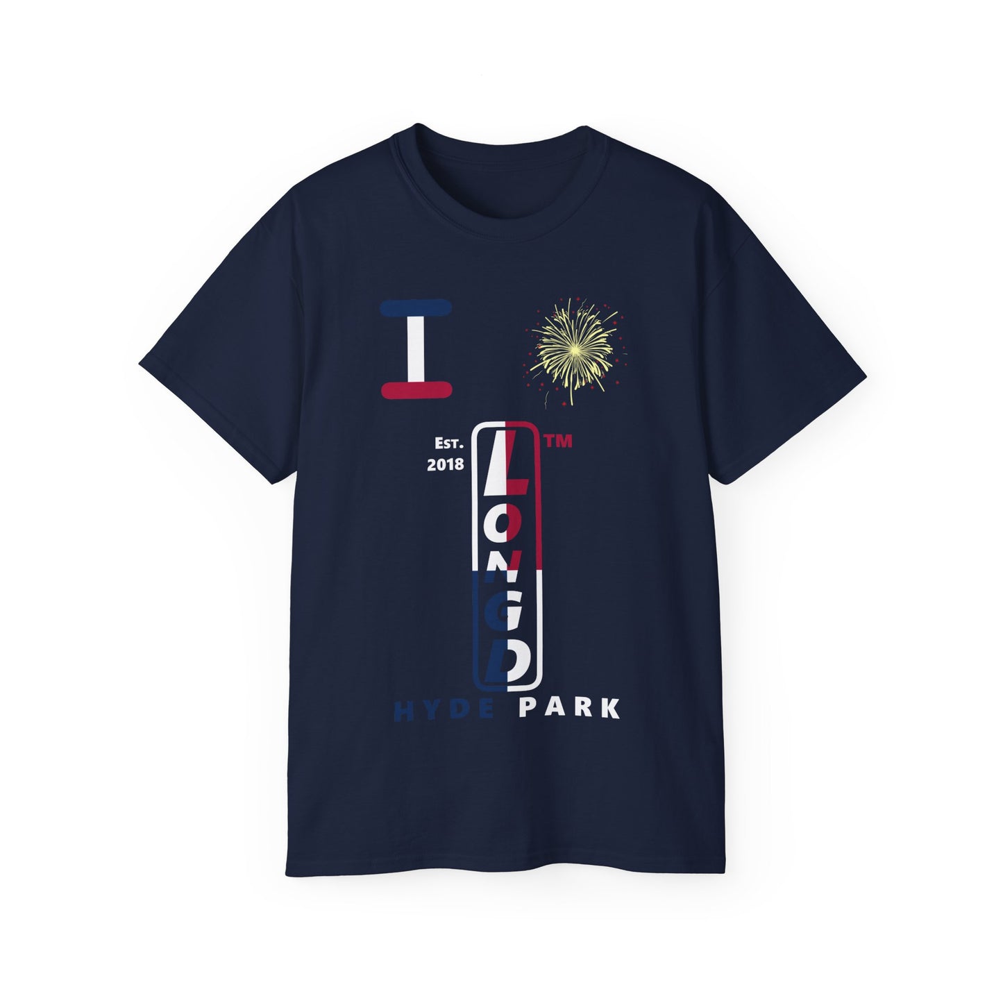 I Burst LongD cotton tee positive quarters Hyde Park upright logo (Patriotic colors)
