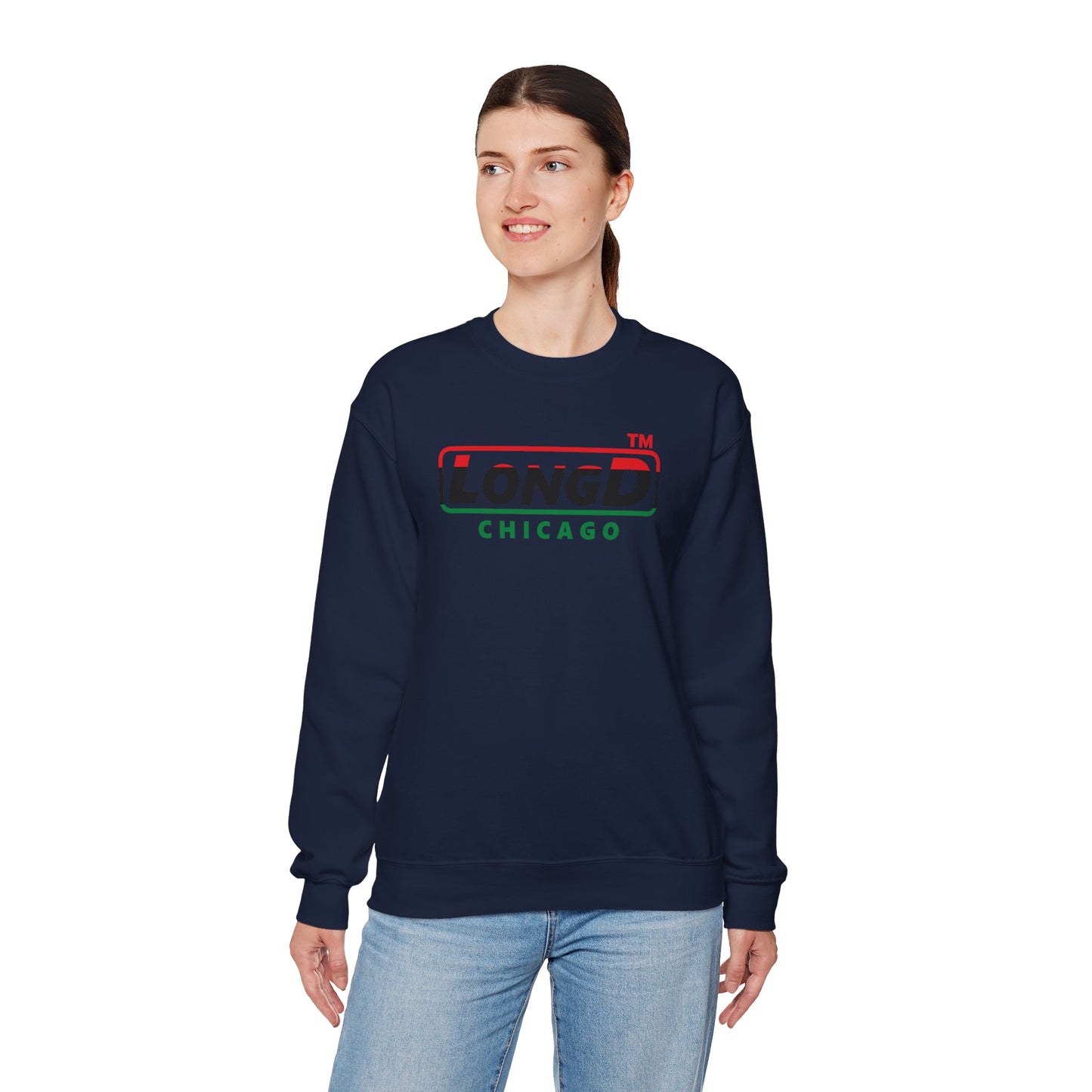 LongD positive horizontal 3-striped Chicago logo crewneck sweatshirt (Juneteenth colors)