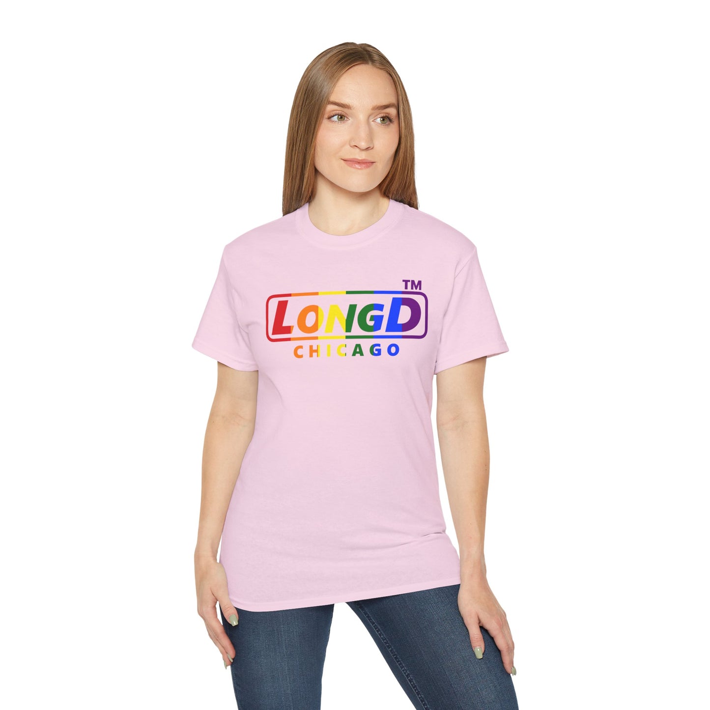 LongD positive vertical striped Chicago logo cotton tee (Pride colors)