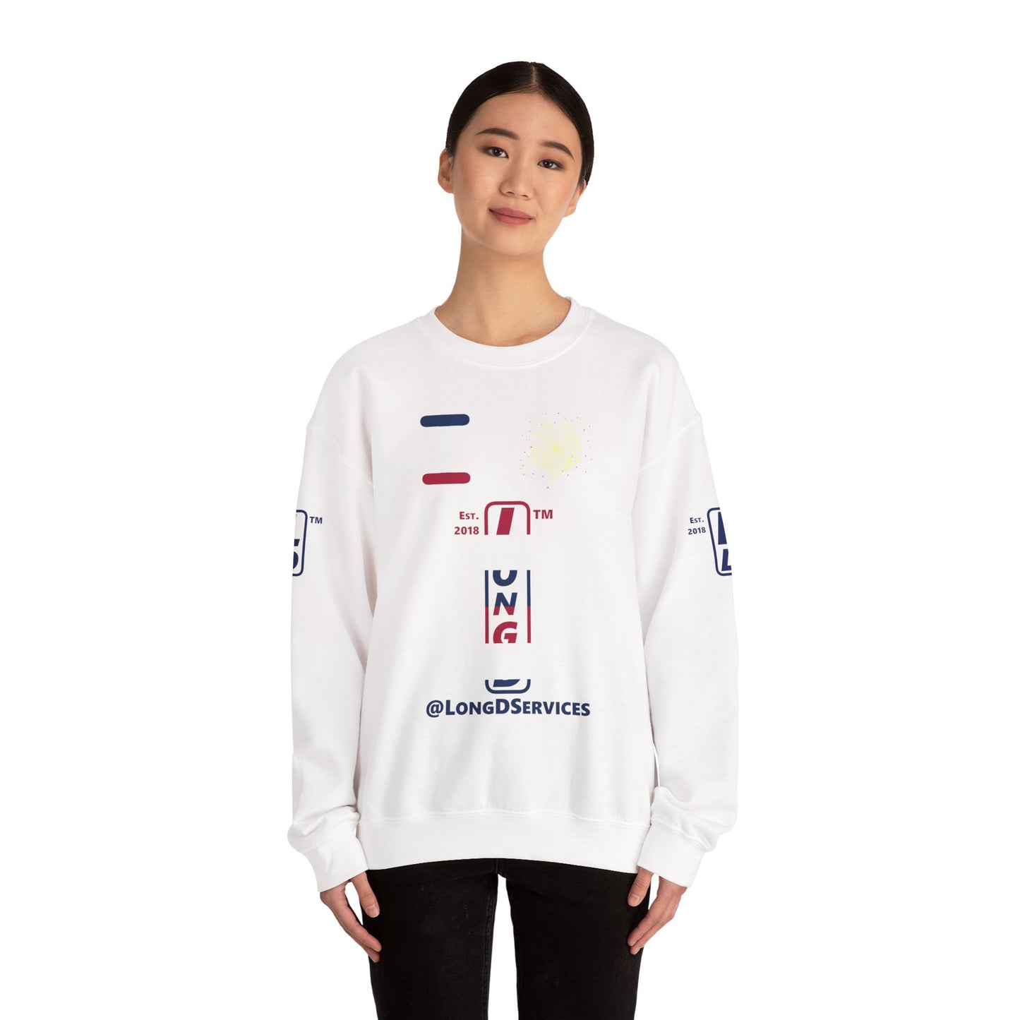 I Burst LongD positive horizontal 6-striped tag upright 4-print logo crewneck sweatshirt
