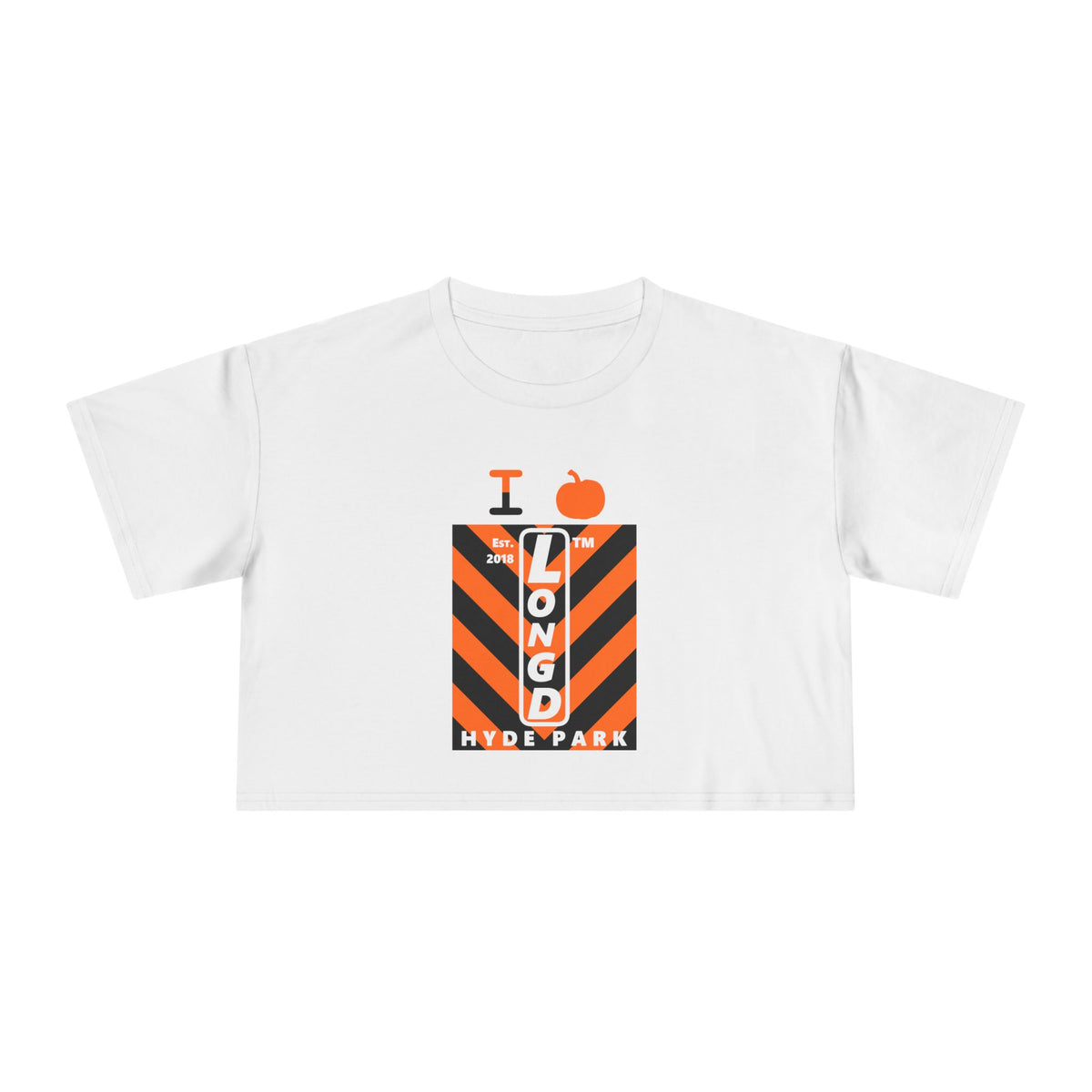 I pumpkin LongD Hyde Park negative upright downward chevron logo crop tee