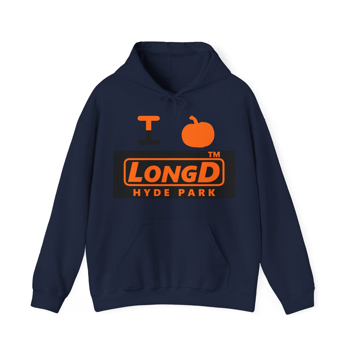 I pumpkin LongD Hyde Park logo positive orange on negative black hoodie