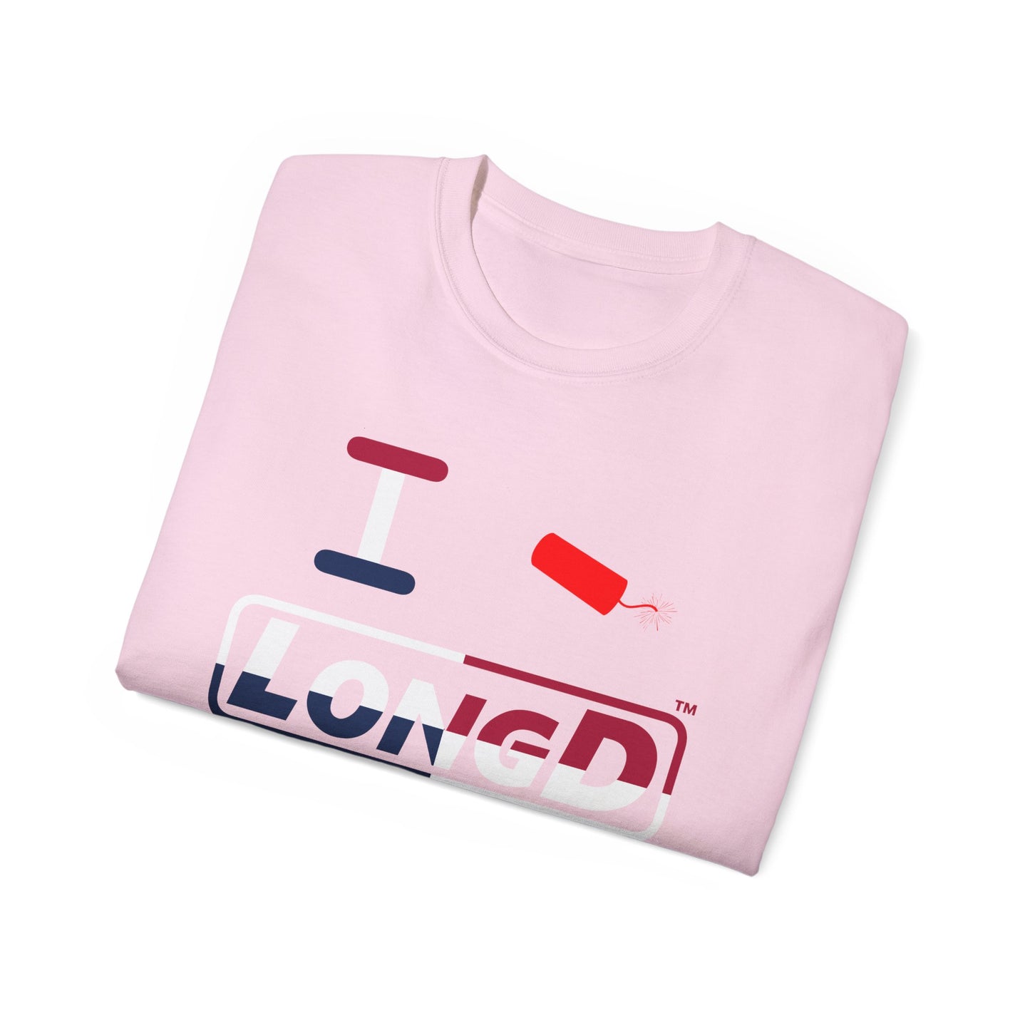 I Firecracker LongD® Logo Cotton Tee Red, White and Blue positive quarters text