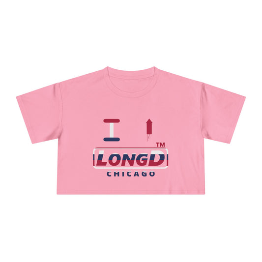I firecracker LongD positive horizontal 6-striped Chicago Logo Crop Tee (Patriotic colors)