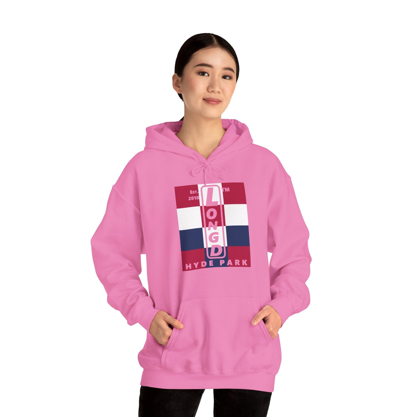 LongD® negative 4x3 upright Hyde Park logo hoodie (Patriotic colors)