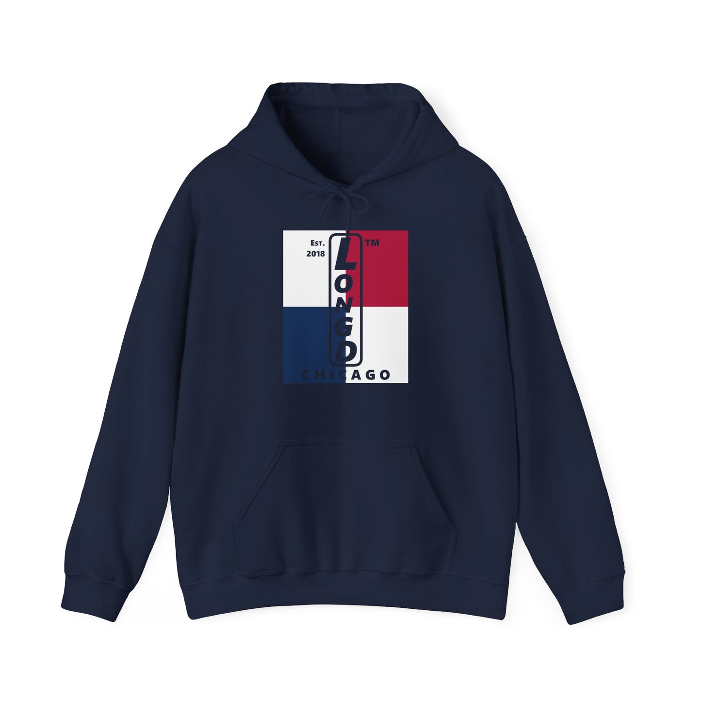 LongD® negative quarters upright Chicago logo hoodie