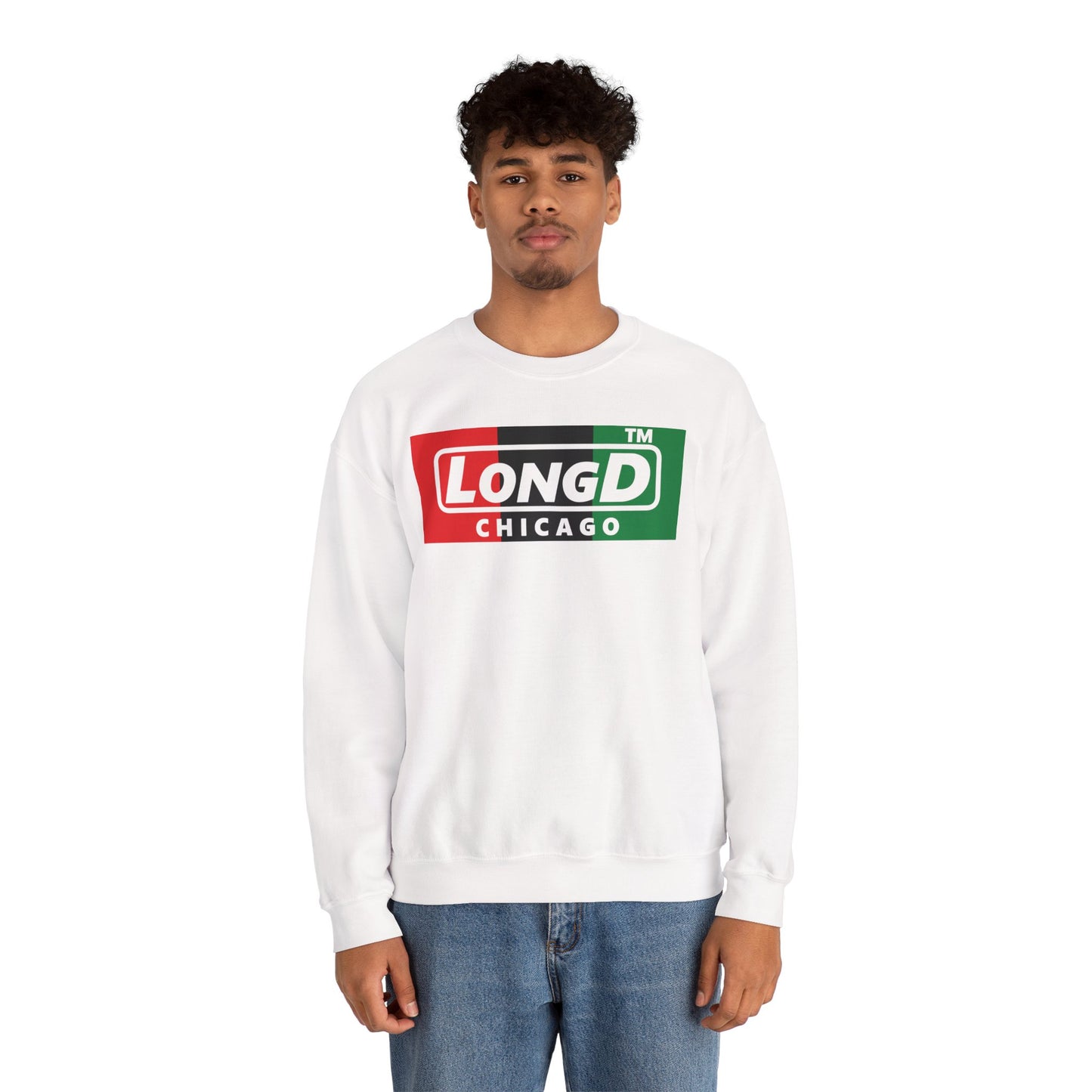 LongD negative vertical 3-striped Chicago logo crewneck sweatshirt (Juneteenth colors)