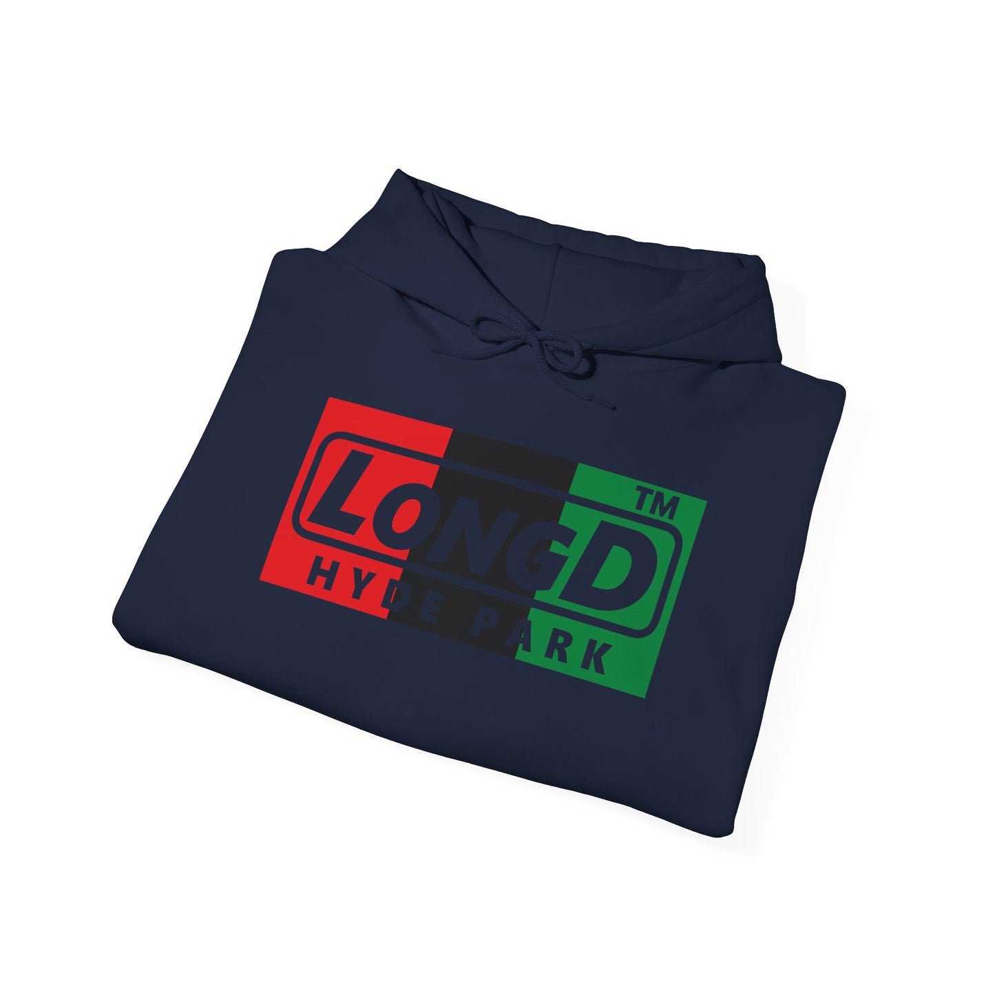 LongD® negative vertical 3-striped Hyde Park logo Hoodie (Juneteenth colors)