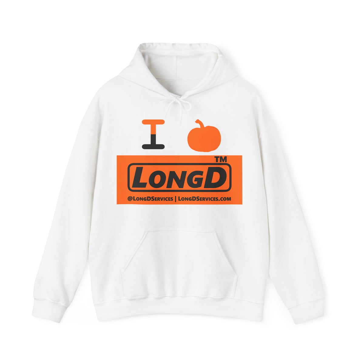 I pumpkin LongD Tag-domain logo positive black on negative orange hoodie