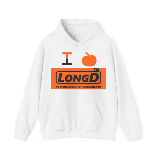 I pumpkin LongD Tag-domain logo positive black on negative orange hoodie