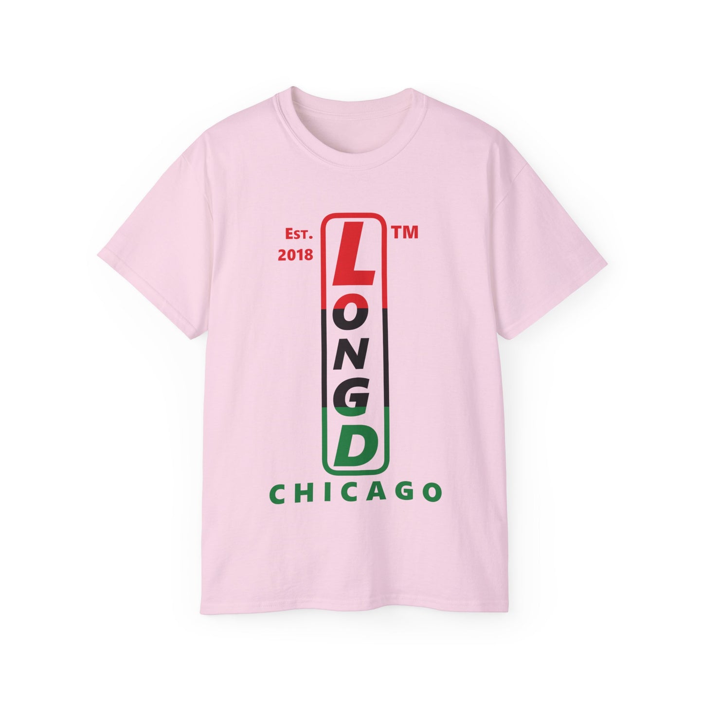 LongD Cotton Tee positive horizontal striped Chicago upright logo (Juneteenth colors)