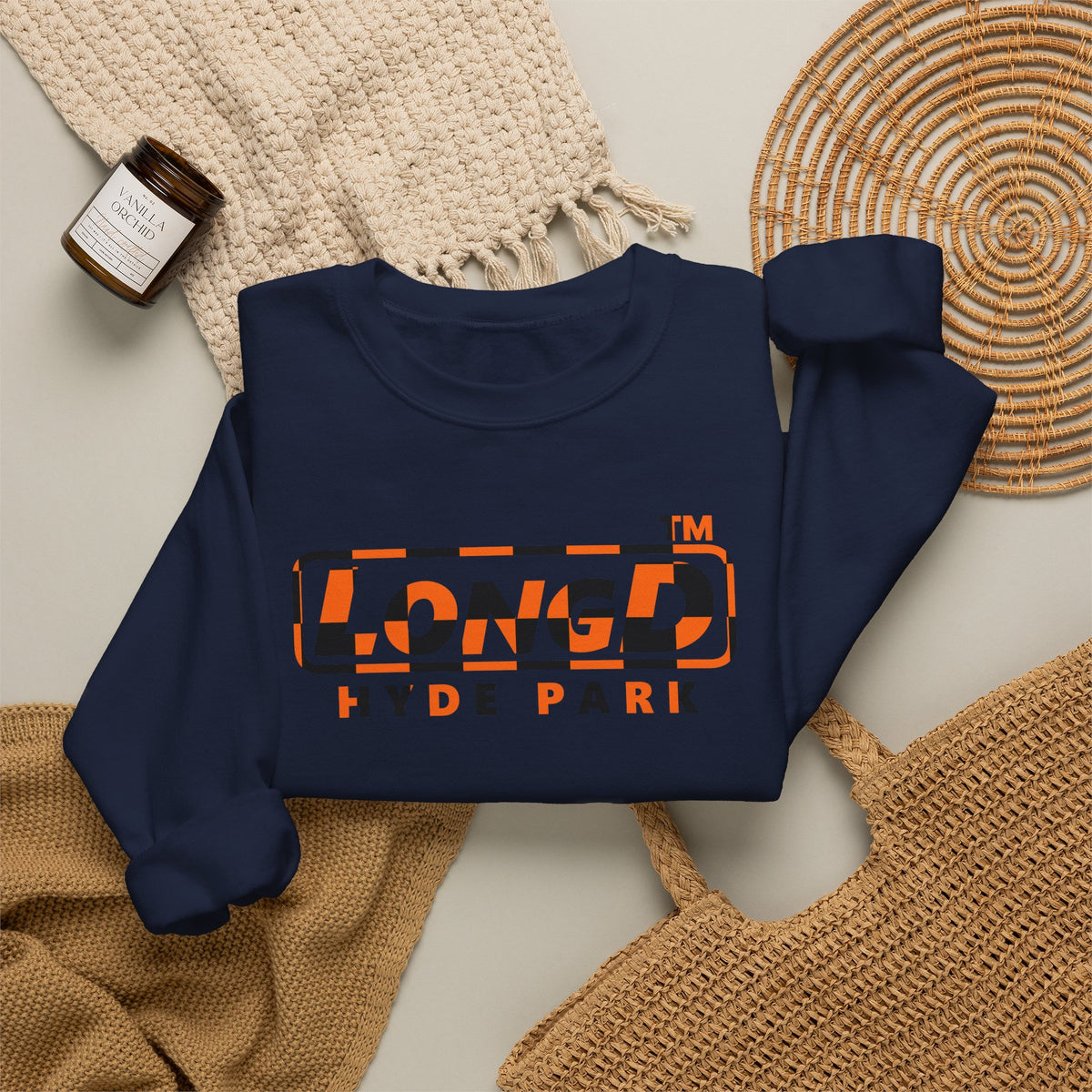 LongD Hyde Park positive checkered logo (Halloween colors) crewneck sweatshirt