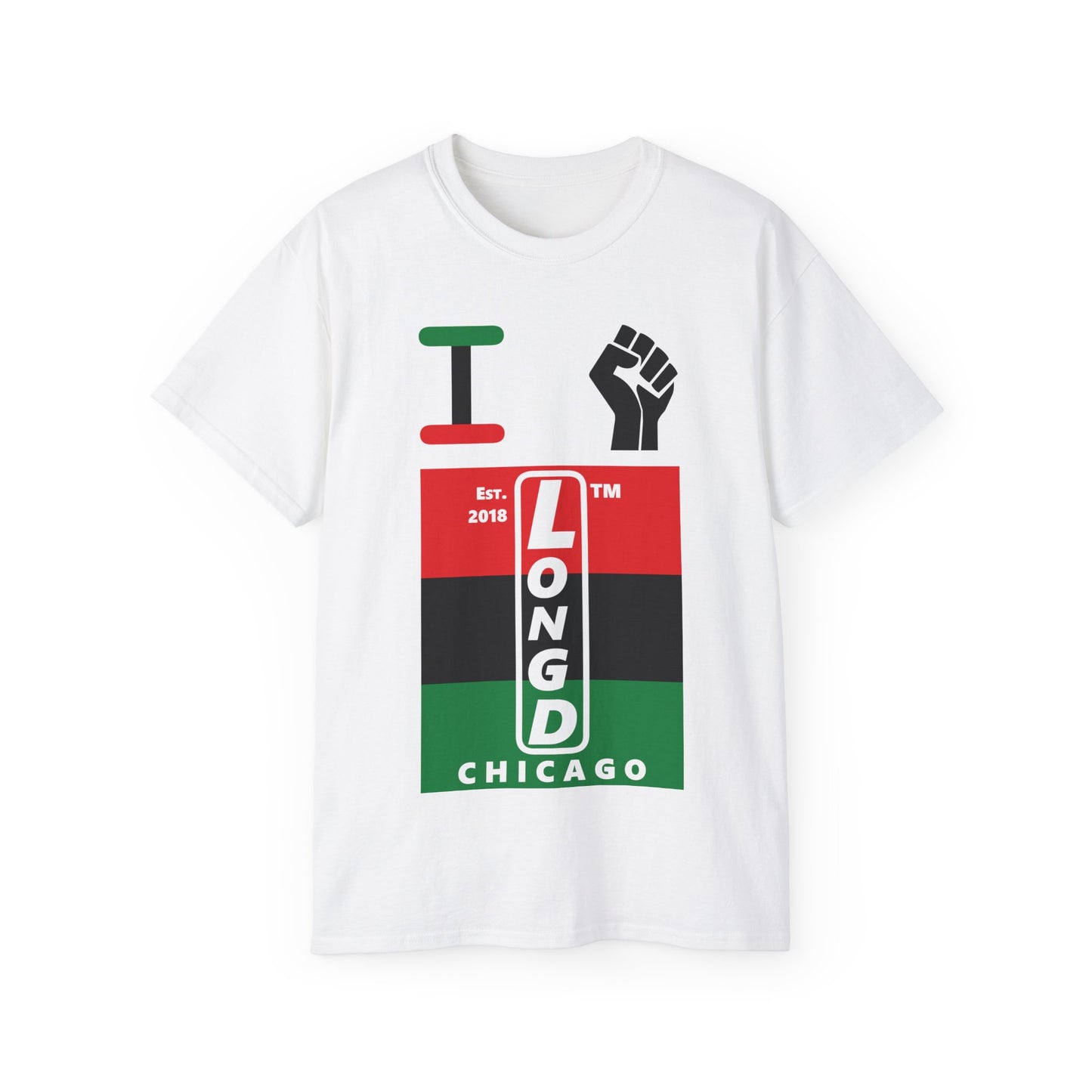 I fist LongD Cotton Tee negative horizontal striped Chicago upright logo (Juneteenth colors)