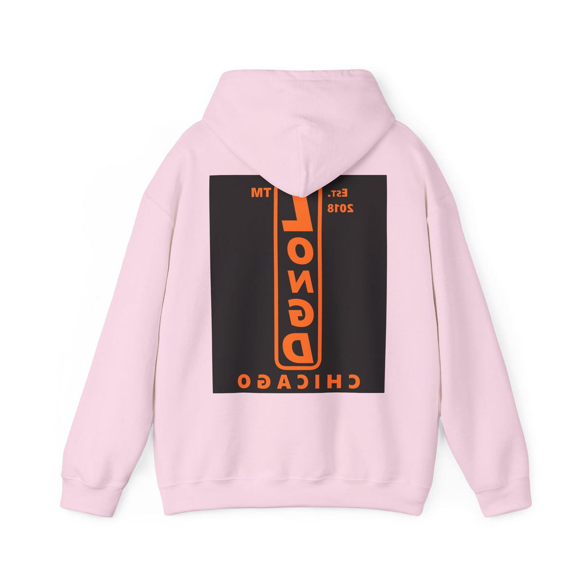 LongD Chicago upright front-back logo orange (FE7518) on Black (000000) hoodie