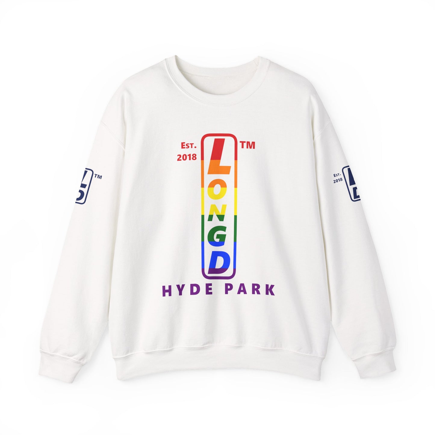 LongD positive horizontal 6-striped Hyde Park 4-print upright logo crewneck sweatshirt (Pride colors)