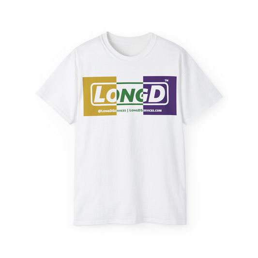 LongD® Logo Cotton Tee (positive center and negative outer Mardi Gras colored text)