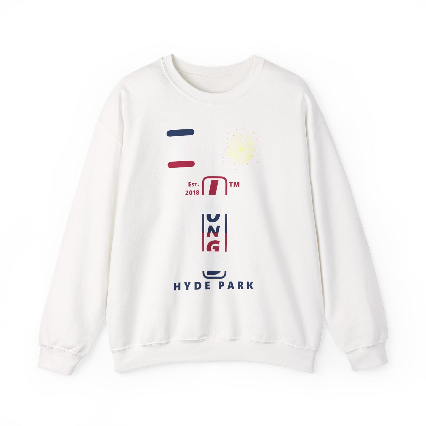 I Burst LongD positive horizontal 6-striped Hyde Park upright logo crewneck sweatshirt